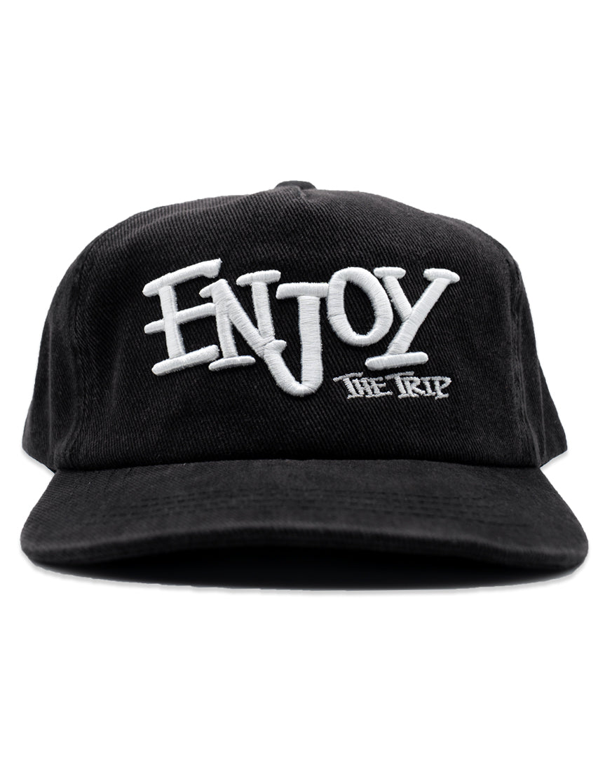 Black Painter Hat with white embroidery 'ENJOY THE TRIP' on a white background