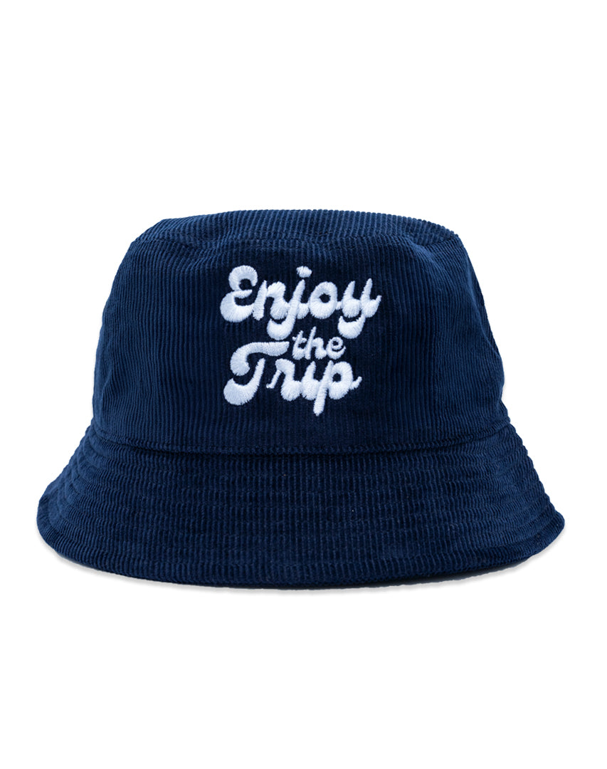 Navy blue bucket hat with 'Enjoy the Trip' 