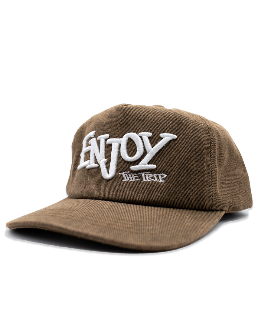 Khaki Washed Denim hat with white embroidery 'ENJOY THE TRIP' on a white background